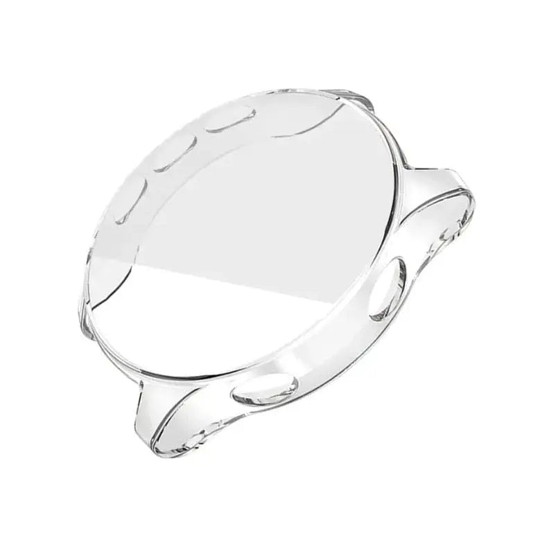 Clear protective case for Garmin Forerunner 945 watch by Habicare, shown on the watch highlighting its transparent design.