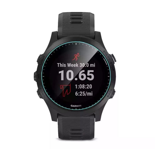 Garmin Forerunner 945 watch screen protector, clear protective film covering the watch face for screen safety.