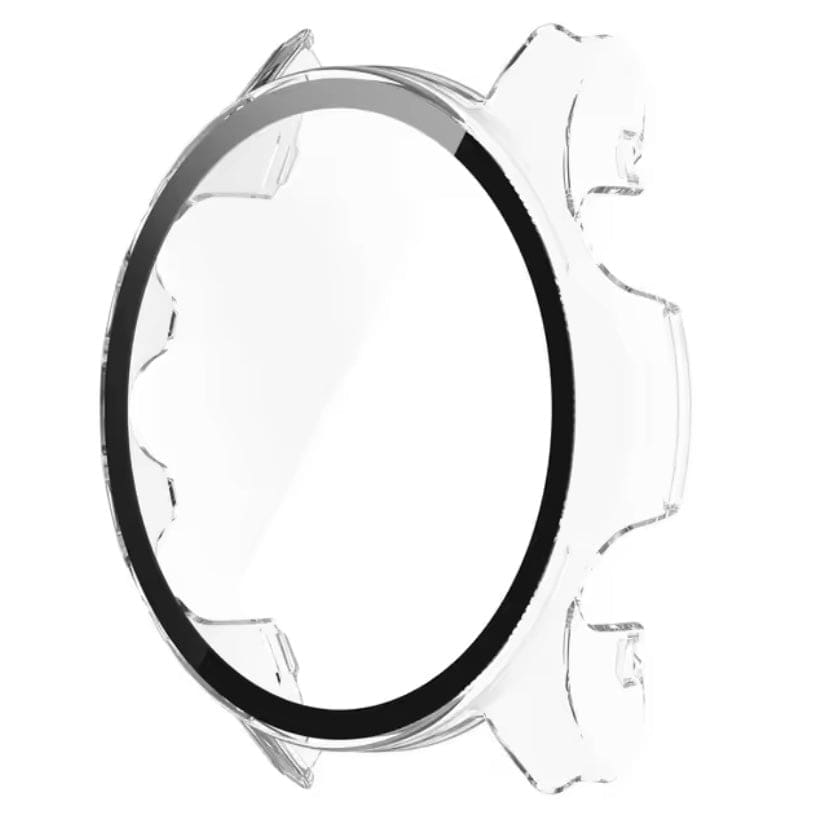 Clear protective case for Garmin Forerunner 955 watch, featuring a circular watch face and durable transparent material.