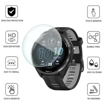 Set of two Garmin Forerunner 965 watch screen protectors, clear and durable protection for smartwatch screens.