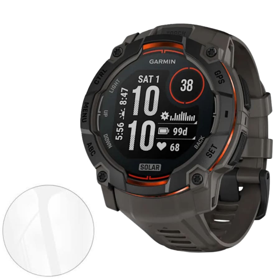 Rugged Garmin Instinct 3 45mm watch screen protector from That Watch Shop, providing durable protection for smartwatch display.
