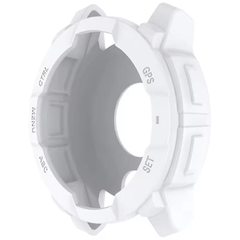 White protective watch case for Garmin Instinct 3 50mm, designed by That Watch Shop, showing the durable cover on the watch.