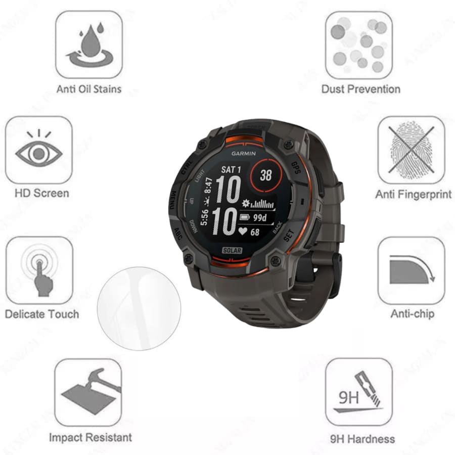 Black and orange Garmin Instinct 3 50mm watch screen protector by That Watch Shop, designed to protect the watch display.