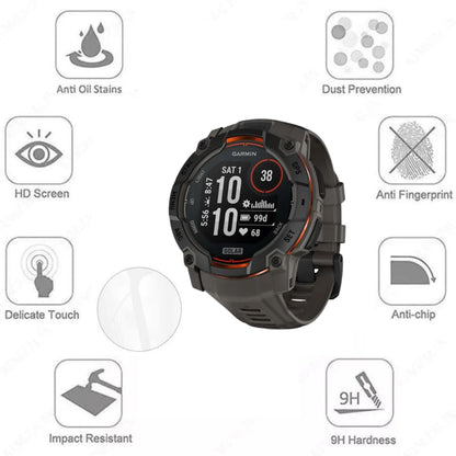 Black and orange Garmin Instinct 3 50mm watch screen protector by That Watch Shop, designed to protect the watch display.