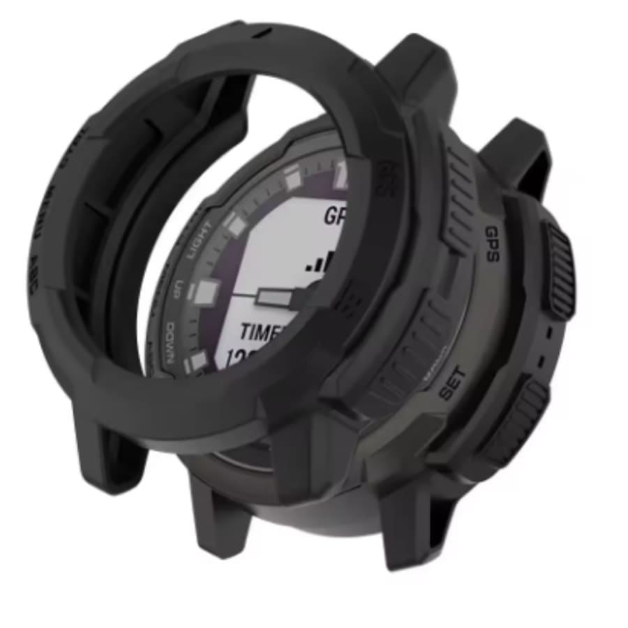 Black protective watch case for Garmin Instinct Crossover, rugged and durable, designed to shield the smartwatch from scratches and impacts.