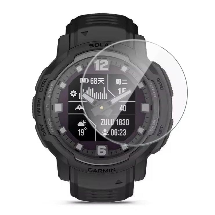 Black Garmin Instinct Crossover watch screen protectors, pack of 2, designed to shield the watch display from scratches and damage.
