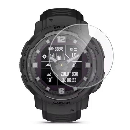 Black Garmin Instinct Crossover watch screen protectors, pack of 2, designed to shield the watch display from scratches and damage.