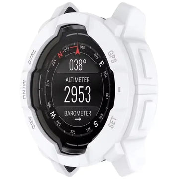 White Habicare protective watch case for Garmin Instinct E 45mm, designed to safeguard the watch with durable, snug fit.