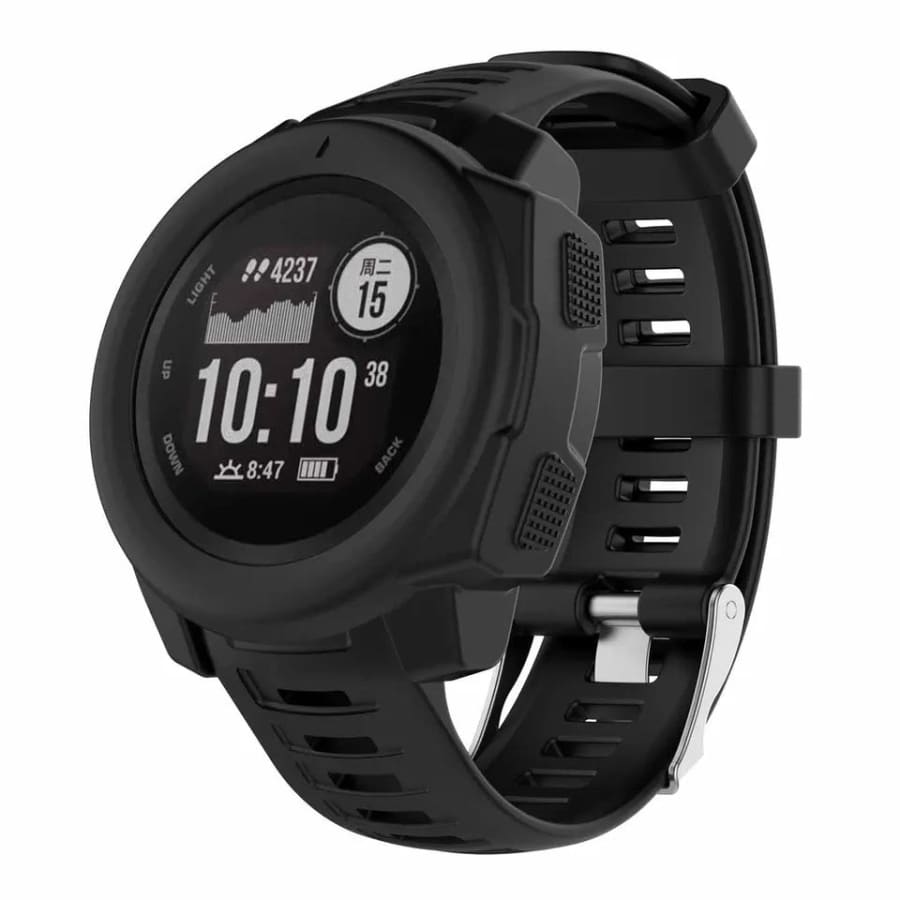 Black protective case for Garmin Instinct watch, made by That Watch Shop, shown fitted on the smartwatch in a close-up image.