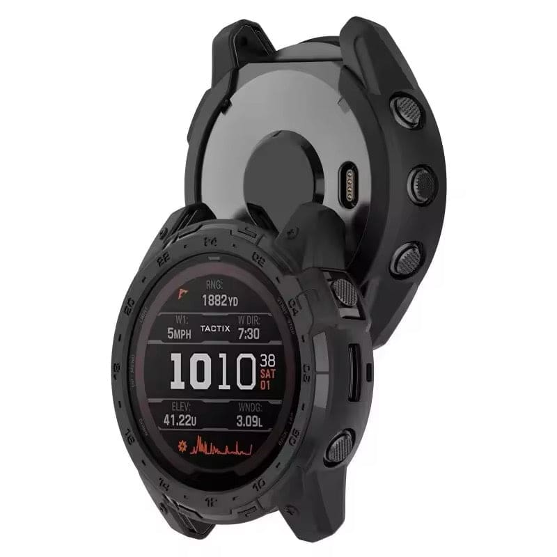 Rugged black protective case for Garmin Tactix 7 smartwatch, made by That Watch Shop, shown on a black smartwatch.