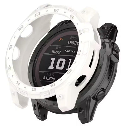 White protective case for Garmin Tactix 7 watch, durable TPU cover with black accents, designed for impact resistance and style.