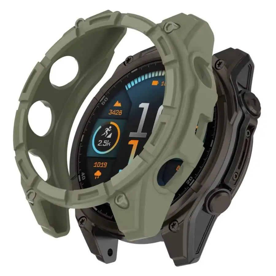 Green Habicare protective watch case for Garmin Tactix 8 47mm, designed to shield and secure the smartwatch.