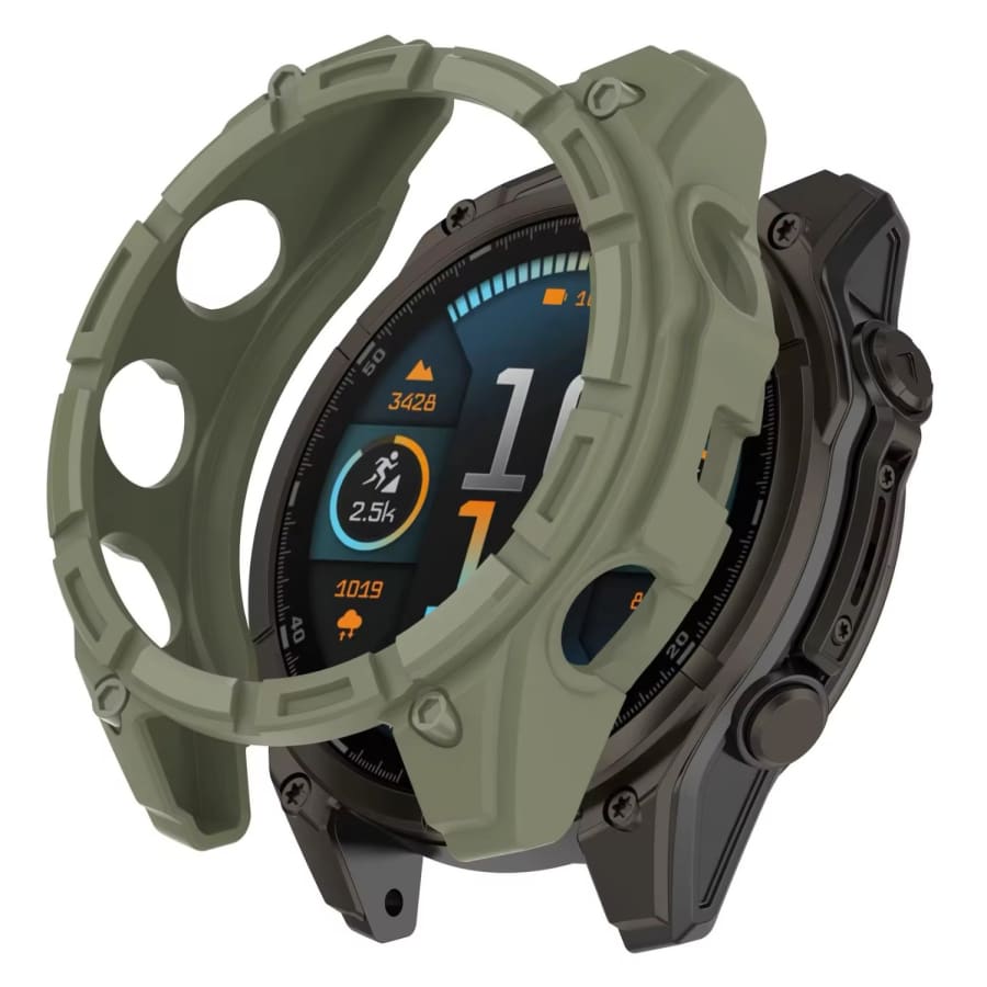 Green protective case for Garmin Tactix 8 47mm smartwatch, designed to shield and enhance the watch's durability.