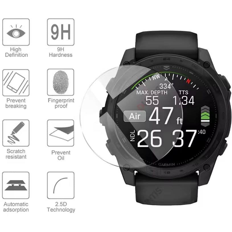 Pair of black Garmin Tactix 8 51mm watch screen protectors, designed to shield the display from scratches and damage.