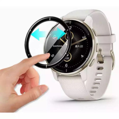 Garmin Venu 2 Plus screen protector installed on smartwatch, showing clear, protective film on the watch face for screen durability.
