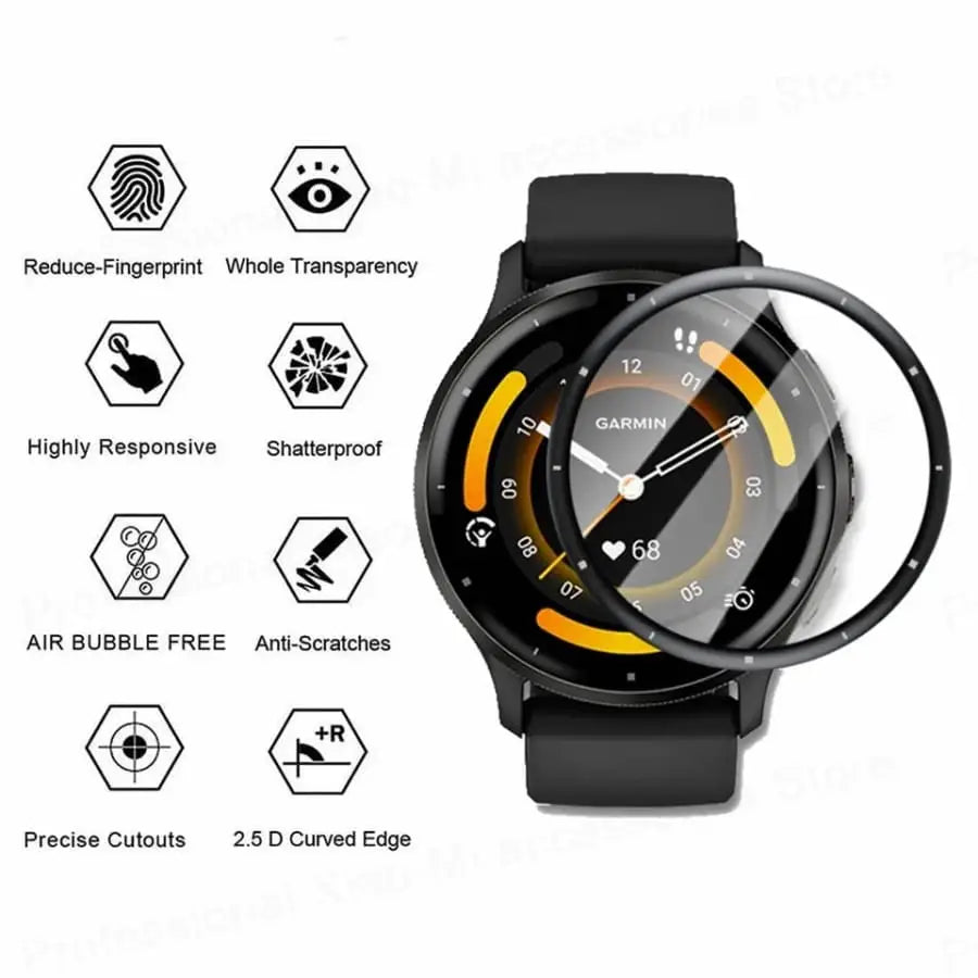 Set of five Habicare Garmin Venu 3 watch screen protectors, clear and durable protectors for smartwatch screen safety.