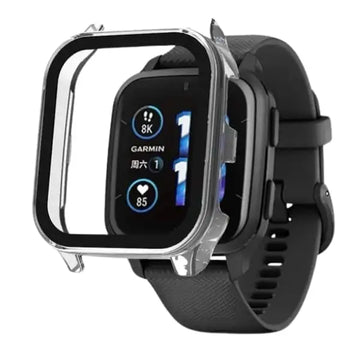 Clear protective case for Garmin Venu Sq 2 Series watch by Habicare, shown fitted on the watch with transparent plastic cover.