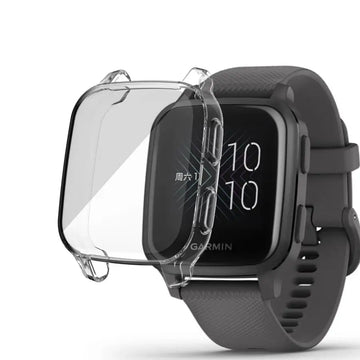 Clear protective case for Garmin Venu Sq Series watch by Habicare, showing the transparent cover fitted on the watch.