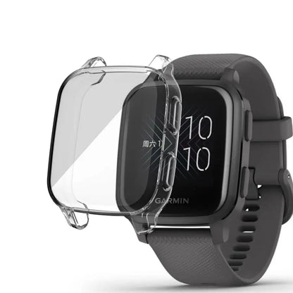 Clear protective case for Garmin Venu Sq Series watch by Habicare, showing the transparent cover fitted on the watch.