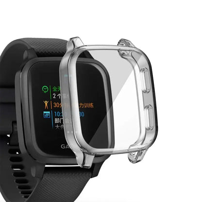 Clear protective case for Garmin Venu Sq Series watch by Habicare, showcasing a transparent, durable cover for the smartwatch.