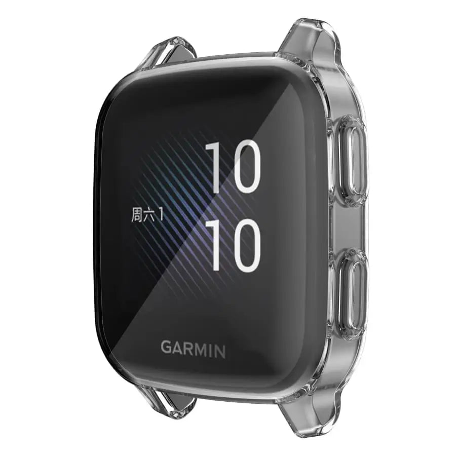 Clear protective case for Garmin Venu Sq Series watch by Habicare, showing the transparent plastic cover on the watch face.