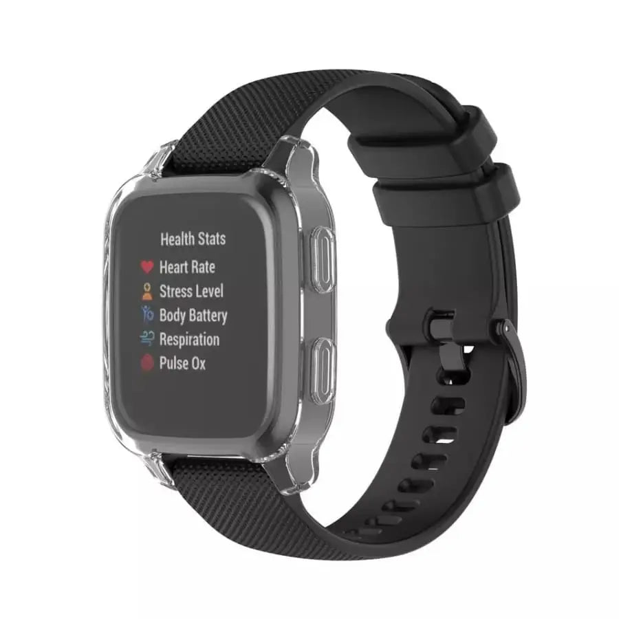 Clear protective case for Garmin Venu Sq Series watch by Habicare, showing the transparent cover fitting the device.