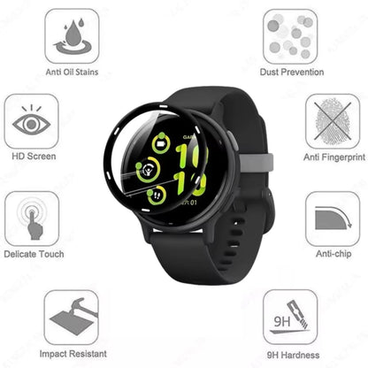 Black Garmin Vivoactive 5 screen protector for smartwatch, showing a round watch face with protective film applied.