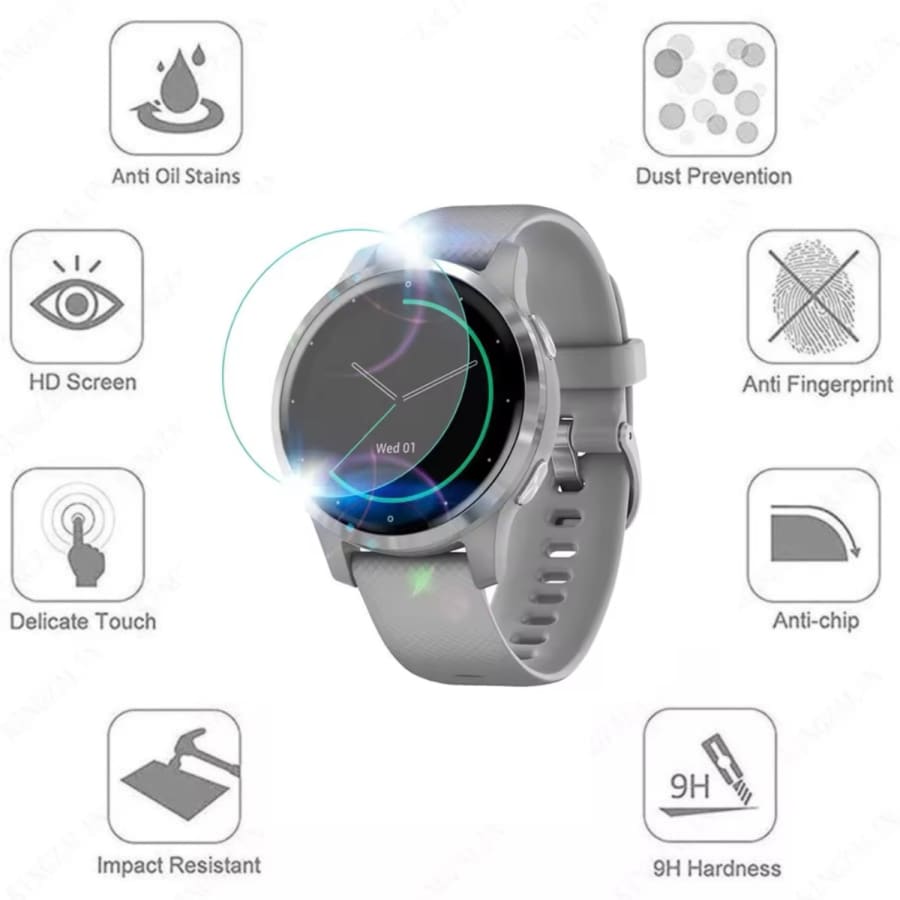 Six Garmin Vivoactive 5 watch screen protectors, clear and durable, designed for round smartwatch screens.