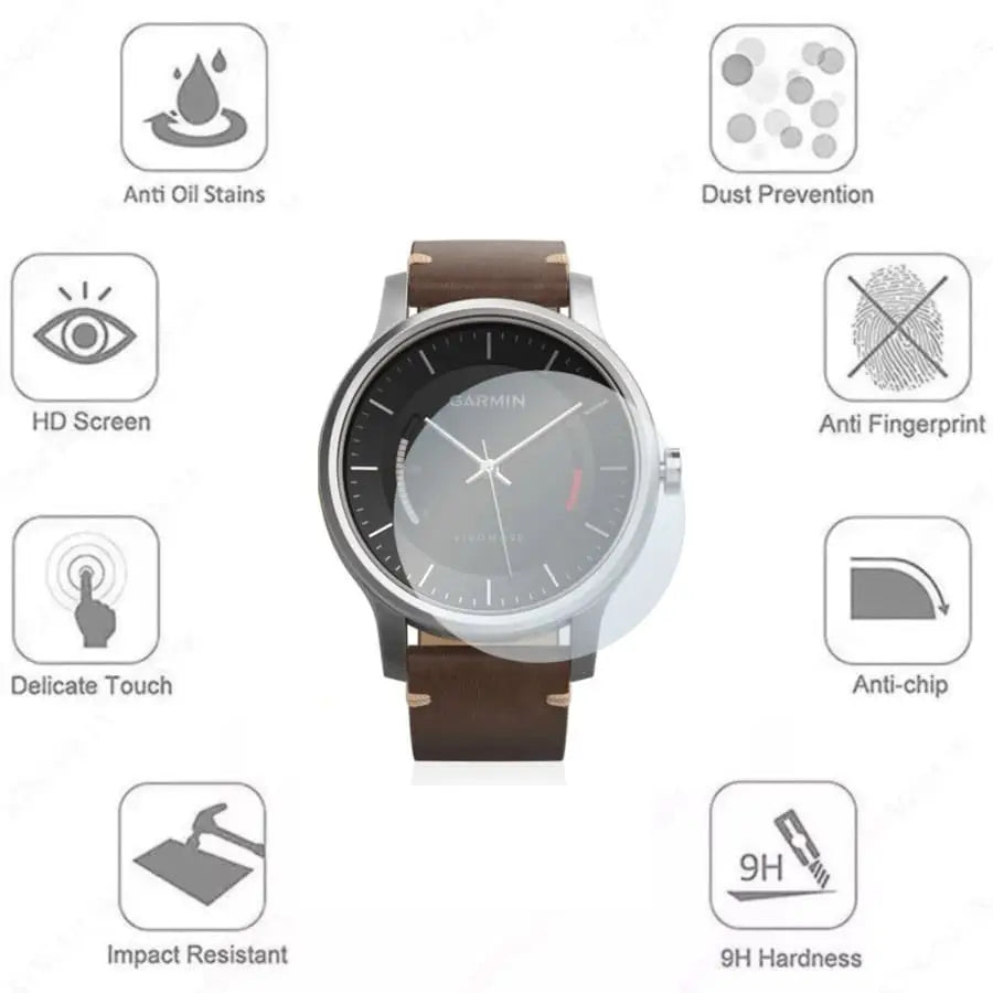 Set of five Habicare Garmin Vivomove watch screen protectors, clear protective film to prevent scratches and damage.