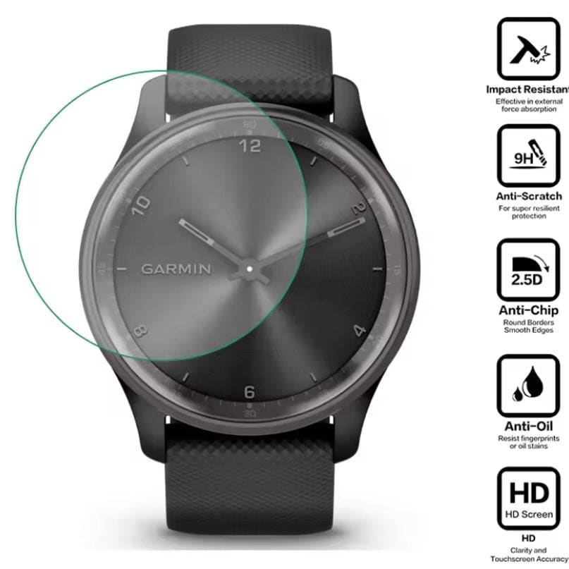Black Garmin Vivomove Sport screen protectors in a pack of two for smartwatch protection and scratch resistance.