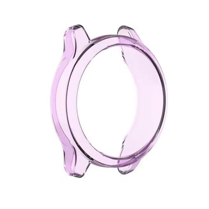 Transparent purple protective case for Garmin Vivomove Style watch, designed by That Watch Shop, shown on a purple watch face.