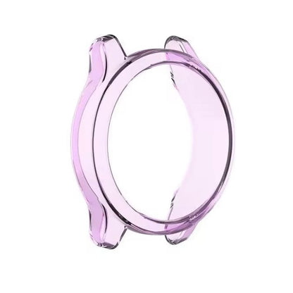 Transparent purple protective case for Garmin Vivomove Style watch, designed by That Watch Shop, shown on a purple watch face.