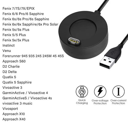 Garmin watch USB charger dock for Fenix and Epix series, black charging station with USB connector on a white background.