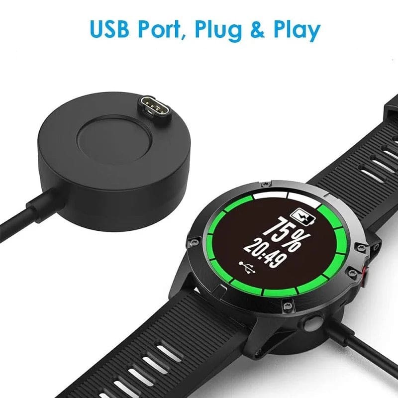 Garmin watch USB charger dock with port and plug for easy charging, compatible with Garmin smartwatches.