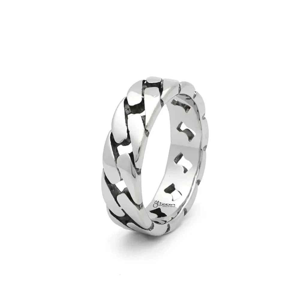 Silver stainless steel Cuban curb chain link ring from Glitters, featuring a bold and durable chain design.