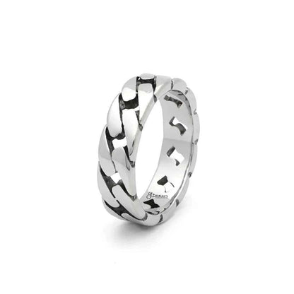 Silver stainless steel Cuban curb chain link ring from Glitters, featuring a bold and durable chain design.