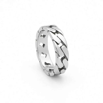 Silver stainless steel Cuban curb chain link ring by Glitters, showcasing its shiny, interconnected chain design.