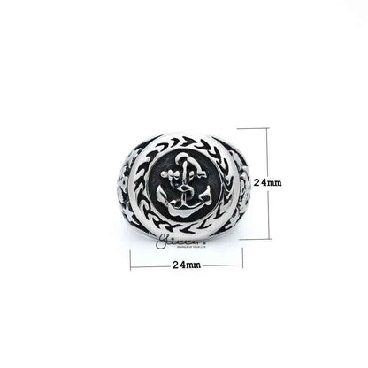 Men's antiqued stainless steel anchor casting rings by Glitters, showcasing rugged, textured steel rings on a neutral background.