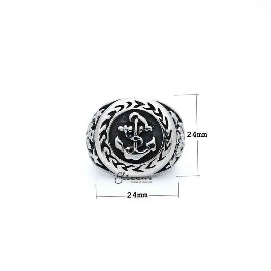 Men's antiqued stainless steel anchor casting rings by Glitters, showcasing rugged, textured steel rings on a neutral background.