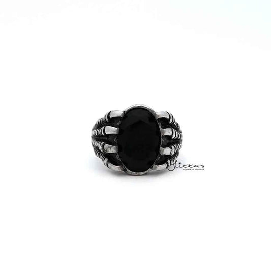 Men's stainless steel claw ring by Glitters featuring antiqued finish and black CZ stone casting for a bold, stylish look.