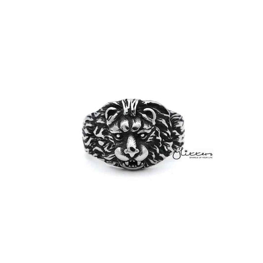 Men's Gothic lion heart casting rings made of antiqued stainless steel by Glitters, featuring intricate gothic design details.
