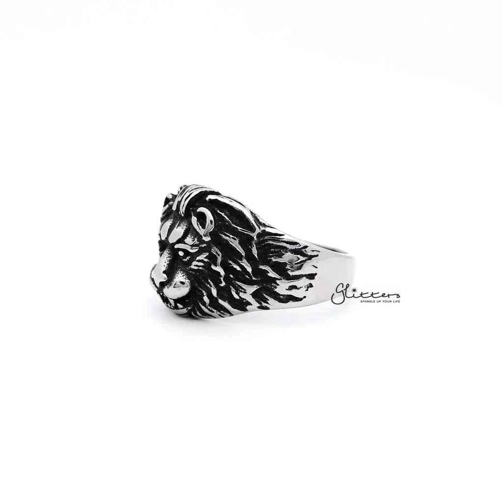 Men's Gothic lion heart stainless steel ring with antiqued finish, featuring intricate casting design by Glitters.