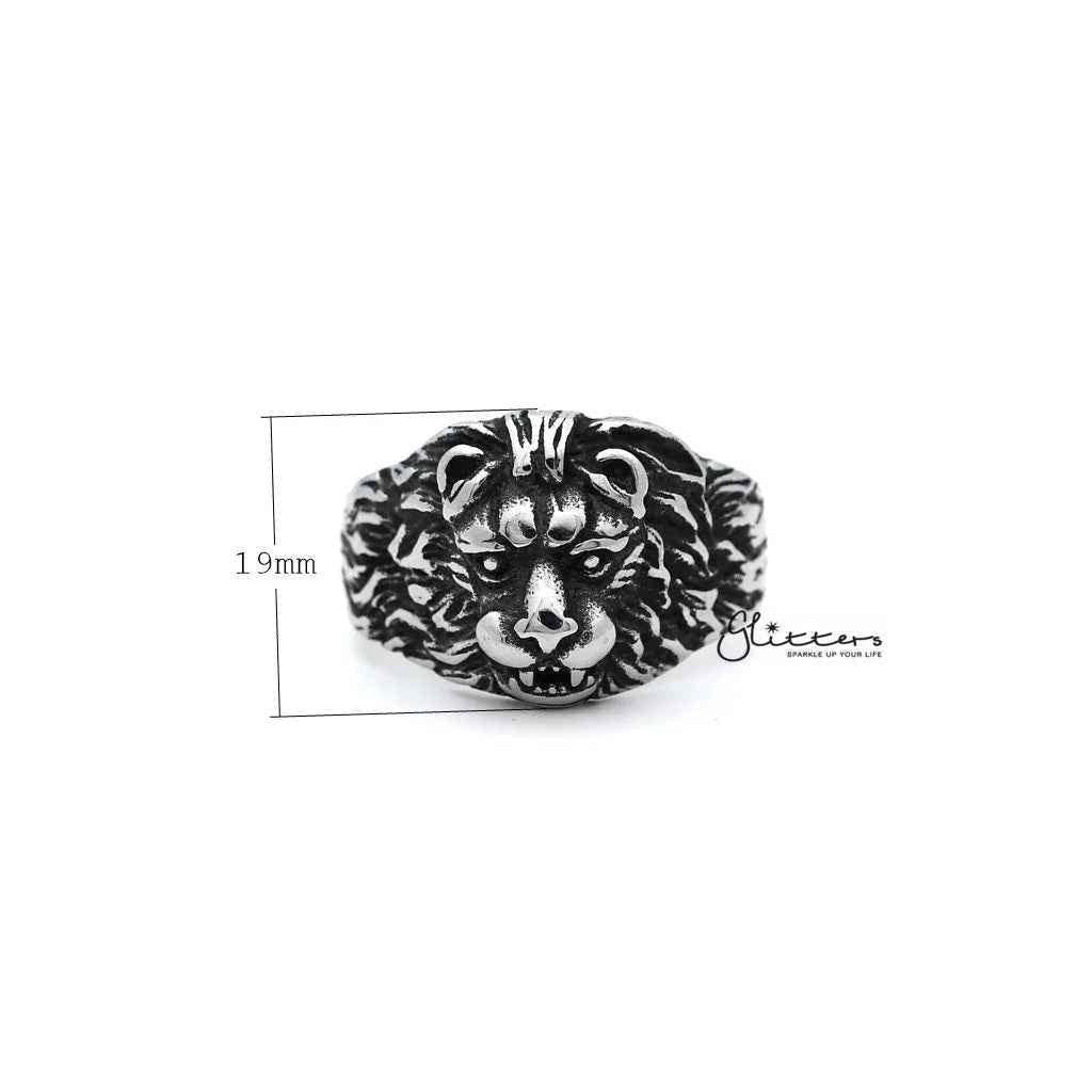 Men's antiqued stainless steel Gothic lion heart casting ring with detailed lion design, crafted by Glitters.