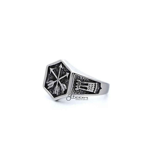 Stainless steel men's ring with antiqued crossed three arrows design by Glitters, showcasing a bold, detailed casting style.