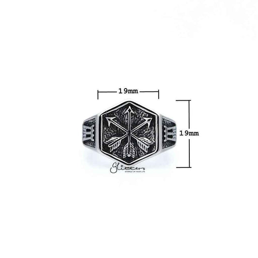 Stainless steel men's ring with antiqued crossed three arrows design, casting style from Glitters.