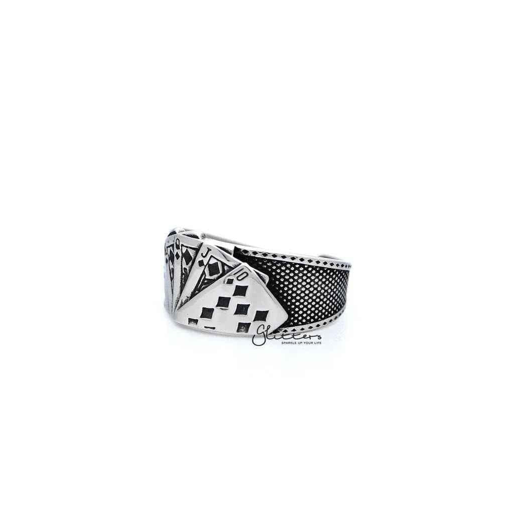 Stainless steel antiqued poker cards casting men's open ring by Glitters, featuring detailed poker card design and metallic finish.