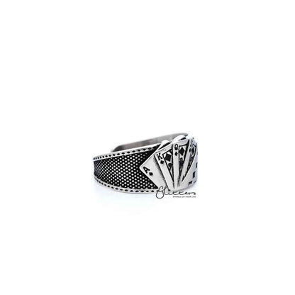 Stainless steel men's open ring with antiqued poker cards casting design by Glitters, showcasing detailed metalwork and stylish craftsmanship.