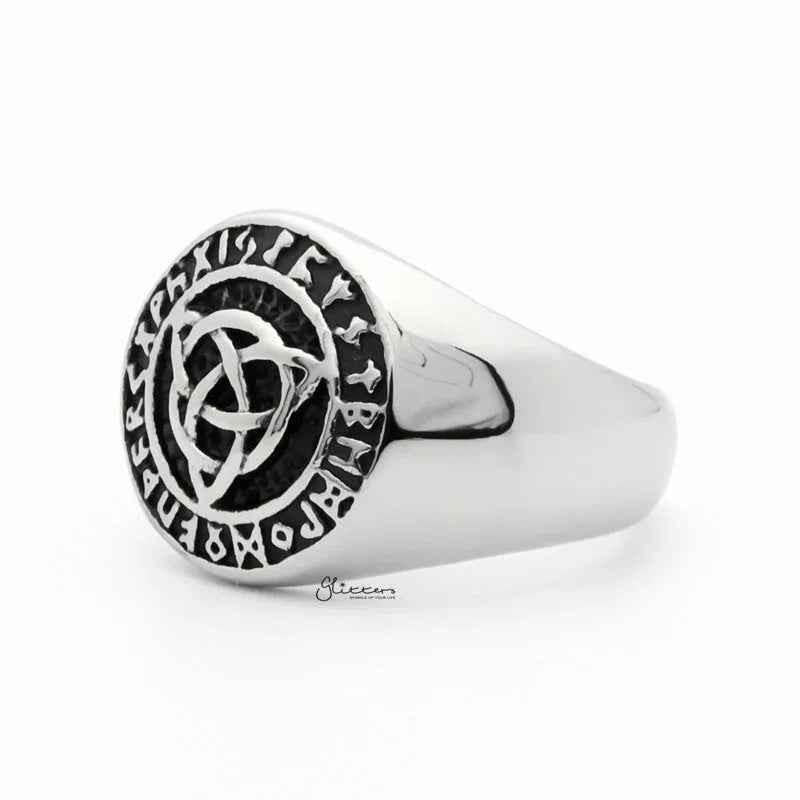 Stainless steel Celtic Trinity Knot Rune Signet Ring with intricate engraved design, crafted by Glitters.