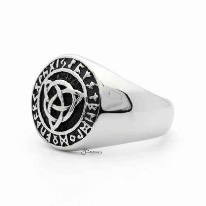Stainless steel Celtic Trinity Knot Rune Signet Ring with intricate engraved design, crafted by Glitters.