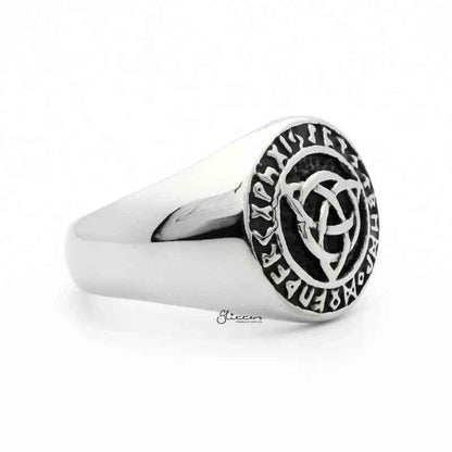 Stainless steel Celtic Trinity Knot Rune Signet Ring with engraved knot design, crafted by Glitters.